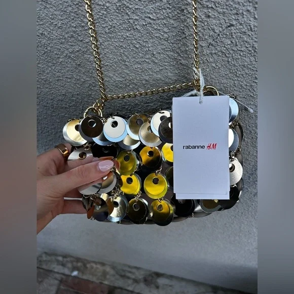 PACO RABANNE X H&M SILVER GOLD SEQUIN DISC EMBELLISHED CHAIN SHOULDER BAG NWT! - Picture 12 of 14